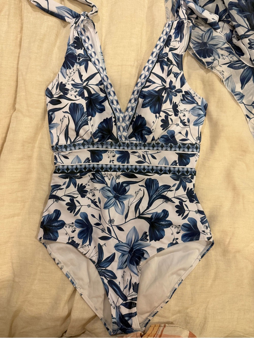 Blue & White Floral Matching Swim Set – M - 1-Piece Swimsuit + Maxi Cover-Up - Picture 12 of 12